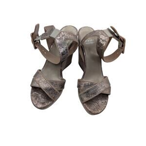 Stuart Weitzman Alexis Metallic Lace Print Cork Wedge Sandals 7